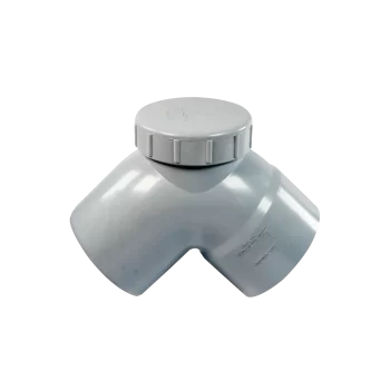 Codo PVC gris sanitario 110 mm con tapa de registro para mantenimiento en sistemas de evacuación