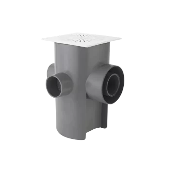 Imagen de pileta universal de PVC sanitario gris 110×75×50×40 mm con múltiples salidas para desagüe