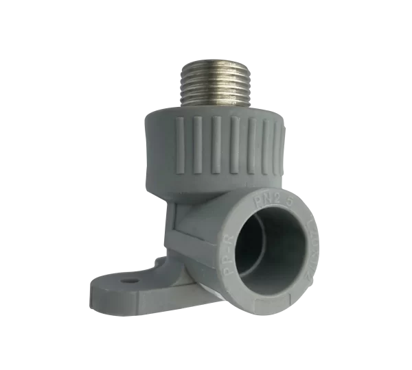 Codo PPR de 90° con soporte integrado y rosca hembra termosoldable en polipropileno copolímero random, resistente hasta 25 bar (PN25) y temperaturas de 0 °C a 95 °C